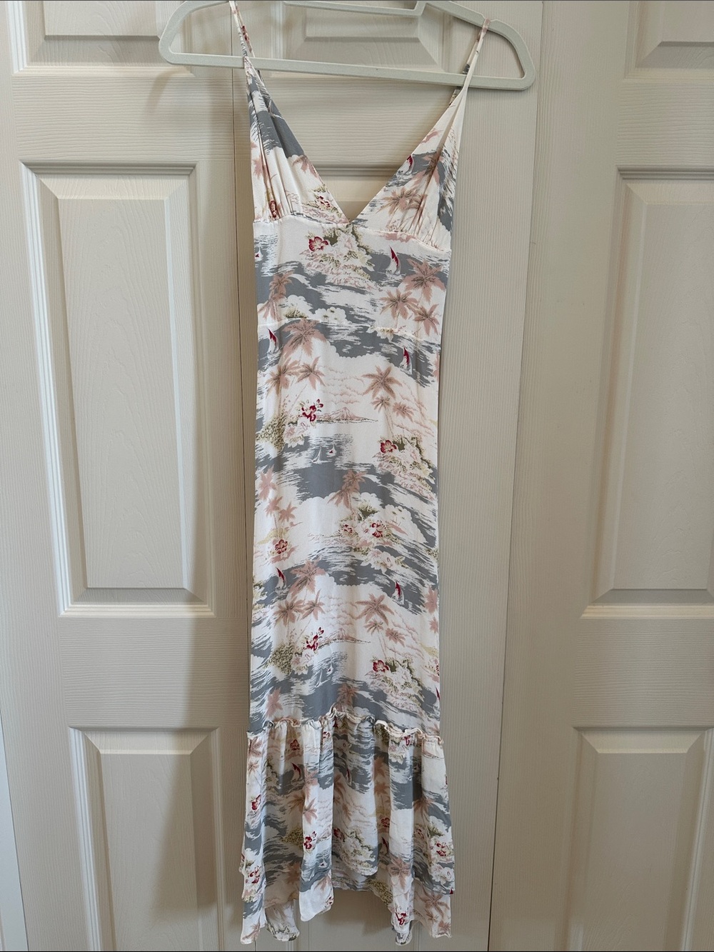 Reformation Cream Maxi Slip Dress with Gray and Blush Floral Print